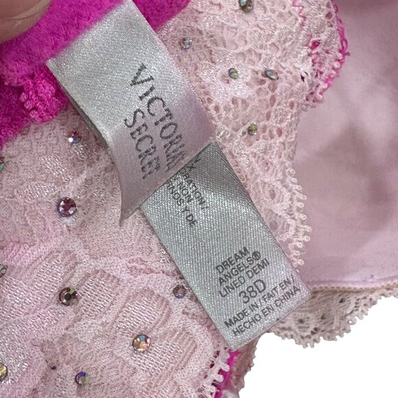 Victorias Secret Dream Angels Demi Bra 38D Pink & White Lace Rhinestones - Picture 6 of 7